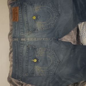 Mens jeans tru religion size 38×32 World tour old school leather patch!